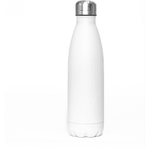 A drink bottle in white with a stainless steel lid, featuring a sleek, insulated design.