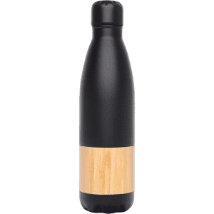 A drink bottle featuring a sleek black design with a bamboo accent. Includes a branding logo.
