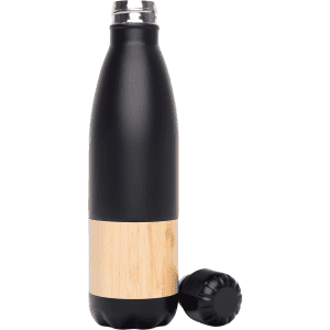 A drink bottle in matte black with a bamboo accent and a screw-on lid. It has a sleek, modern design.