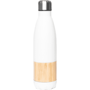 A drink bottle featuring a sleek white body with a bamboo accent and a stainless steel cap.