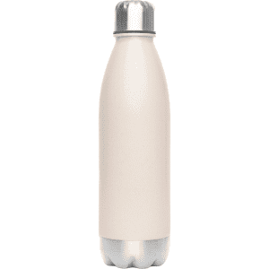 A drink bottle in a soft cream colour with a stainless steel base and lid, featuring a logo.