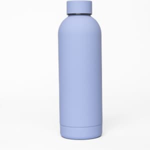 A drink bottle in a soft blue shade with a sleek, double wall design and a matching cap. Features a logo.