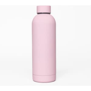 A drink bottle in a matte pink finish, featuring a double wall design and a logo.