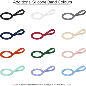 A collection of silicone bands in various colours, including grey, navy, red, cream, pink, green, and teal. Each band features a loop design.