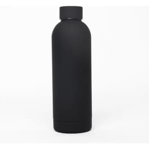 A drink bottle in matte black, featuring a sleek double wall design and a logo on its surface.