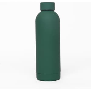 A drink bottle in matte green finish, featuring a sleek, double wall design and a logo.