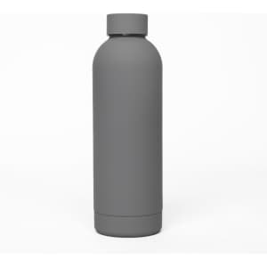 A drink bottle in a sleek matte grey finish, featuring a double wall design and a logo.