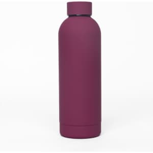 A drink bottle in a rich burgundy colour, featuring a sleek design and a logo. It has a double wall for insulation.