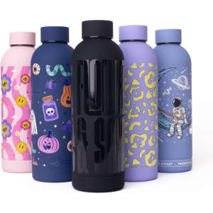 A drink bottle collection featuring vibrant designs in pink, black, purple, and blue, with a mix of patterns and logos.