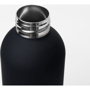 A drink bottle in matte black finish, featuring a stainless steel opening and a simple logo.