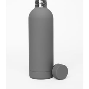 A drink bottle in matte grey with a cap, featuring double wall insulation and a sleek design.