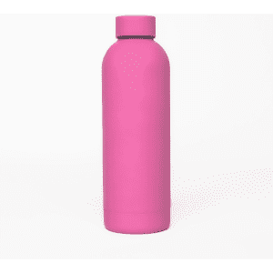 A drink bottle with a double wall design, featuring a vibrant pink colour and a logo on its surface.