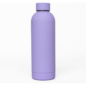A drink bottle in a soft lavender colour with a matte finish and a logo on its side.