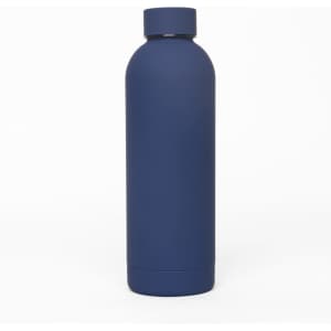 A drink bottle in navy blue with a smooth, matte finish and a round cap, featuring a logo.