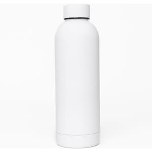 A drink bottle in white, featuring a double wall design and a rounded cap, with a logo on the front.