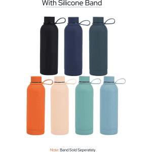 A drink bottle collection featuring various colours: black, navy, teal, orange, peach, and light blue, with a silicone band option.