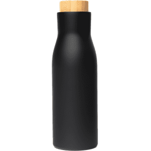 A drink bottle in sleek black with a decorative wooden cap, featuring an elegant, modern design and branding.