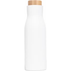 A drink bottle in matte white with a natural wood lid and a simple, sleek design. It features a logo.
