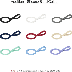 A selection of silicone bands in nine colours: black, white, grey, red, cream, mint, light blue, lavender, and teal.