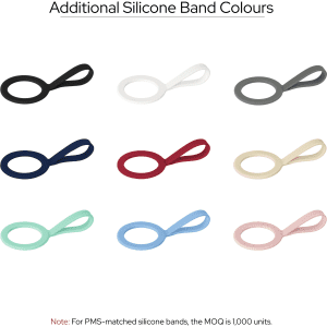 A collection of silicone bands in various colours, including black, white, grey, red, cream, green, blue, and pink.
