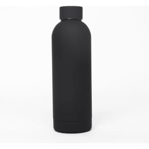 A drink bottle in matte black finish with a rounded body and a screw cap, featuring a logo.