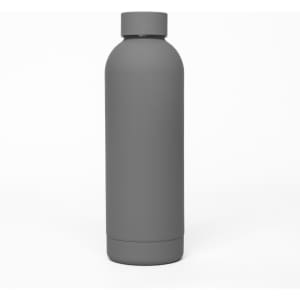 A drink bottle in matte grey with a sleek, single-wall design and a rounded top. It features a logo.