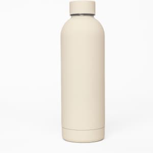 A drink bottle in a light beige colour with a sleek design and a branded logo.