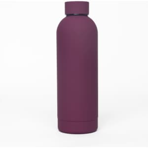 A drink bottle in a deep burgundy colour with a matte finish and a rounded, tapered design. Features a logo.