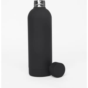 A drink bottle in matte black with a removable black lid, featuring a smooth, sleek design and a logo.