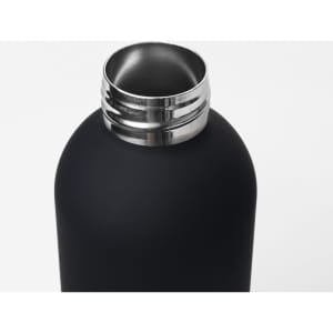 A drink bottle with a matte black finish and a silver metal screw-top lid. It features a logo.