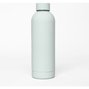 A drink bottle in a soft mint green colour with a smooth, minimalist design and a logo.