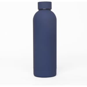 A drink bottle in navy blue with a sleek, matte finish and a rounded top. It features a logo on the side.