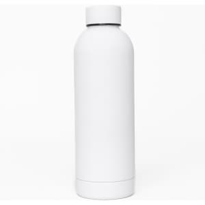 A drink bottle in matte white with a simple design and a logo on its surface.