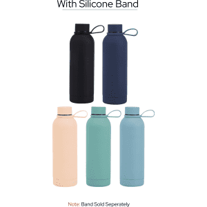 A drink bottle featuring a silicone band, available in black, navy, peach, teal, and light blue. Includes a logo.
