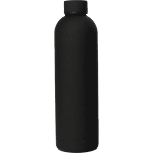A drink bottle in matte black finish, featuring a sleek, double-walled design and a solid cap, with a logo.
