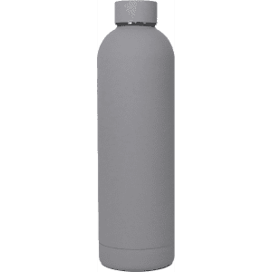 A drink bottle in matte grey, featuring a sleek, double-wall design and a discreet logo.
