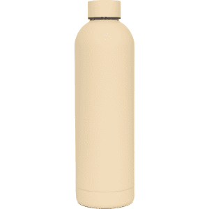 A drink bottle in a soft beige colour with a double wall design and a logo on the side.