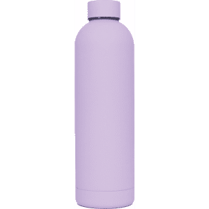 A drink bottle in a soft lavender colour with a double wall and a logo. Suitable for keeping beverages temperature-controlled.