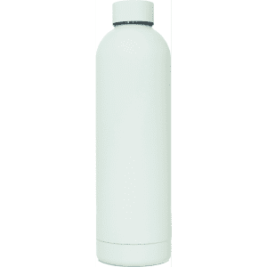 A drink bottle in pale white, featuring a sleek design and a logo on the surface. Double-wall insulation for temperature control.