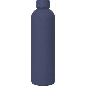 A drink bottle with a matte navy blue finish, featuring a screw-on lid and a sleek, modern design.