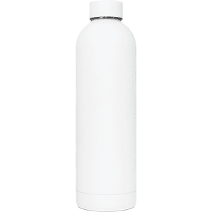 A drink bottle in white, featuring a double wall design and a lid. It has a logo on its surface.