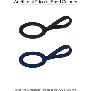 A drink bottle accessory featuring two silicone bands in black and navy blue, each with a loop design for attachment.
