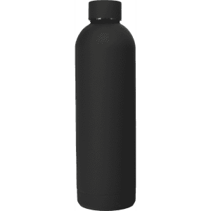 A drink bottle in matte black, featuring a sleek, single-walled design and a cap. It has a logo on the side.