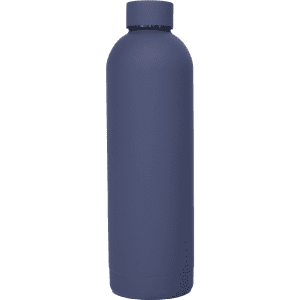 A drink bottle in a dark blue colour with a sleek, single-walled design and a cap. It features a logo.