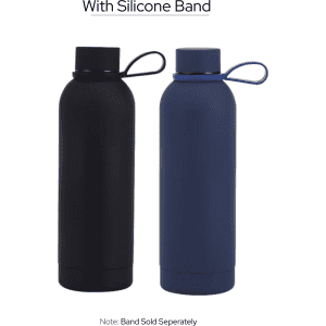 A drink bottle set featuring a black and a navy blue vacuum bottle with silicone bands and a sleek design.