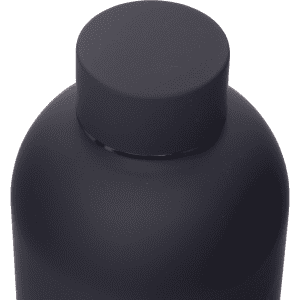 A drink bottle in matte black finish with a rounded lid and a simple design. It features a logo on its side.