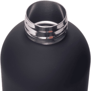 A drink bottle with a matte black finish and a stainless steel opening. It features a logo on the surface.