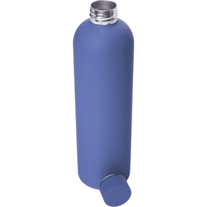 A drink bottle with a matte blue finish, featuring a silver screw lid and a rounded bottom. It includes a logo.