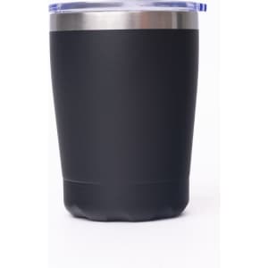 A drink bottle with a black matte finish and a silver rim, featuring a clear lid and a branding logo.