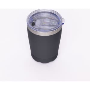 A drink bottle in matte black with a clear lid, featuring a logo. Suitable for travel and outdoor use.